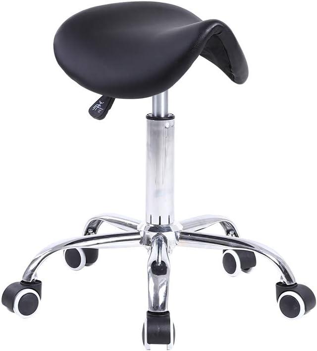KKTONER Rolling Saddle Stool PU Leather Swivel Adjustable Rolling Stool with Wheels Salon Chair Black, 48 X 18.9 X 45 Cm