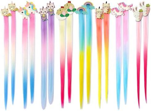 12 Pcs Hair Clips for Girls, Animal Straight Rainbow Hair Extensions for Kids, Little Girl Hair Clips Accessories for Girls Toddler Kids Ponytails