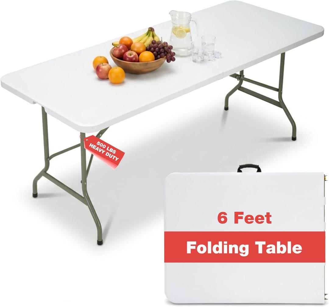 Folding Table 6ft, Heavy-Duty 500lbs Weight Capacity Foldable Table with HDPE Top & Steel Legs, Portable 6 Foot Picnic Table for Indoor Outdoor Parties, Camping, Event, 71 inches x 29 inches x 29 inches