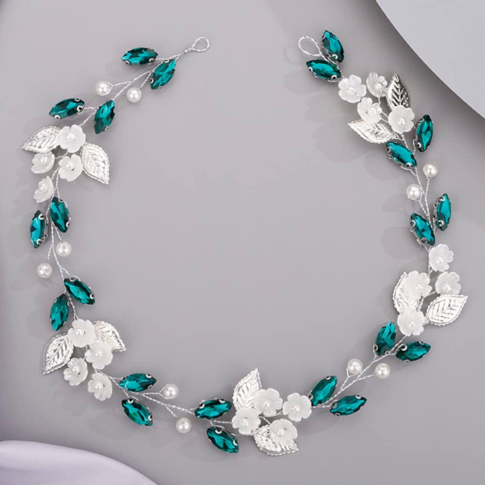 Flower Leaf Crystal Wedding Hair Vine for Bride Bridesmaid Pearls Beads Crystal Hair Accessories for Women and Girls Peacock Green