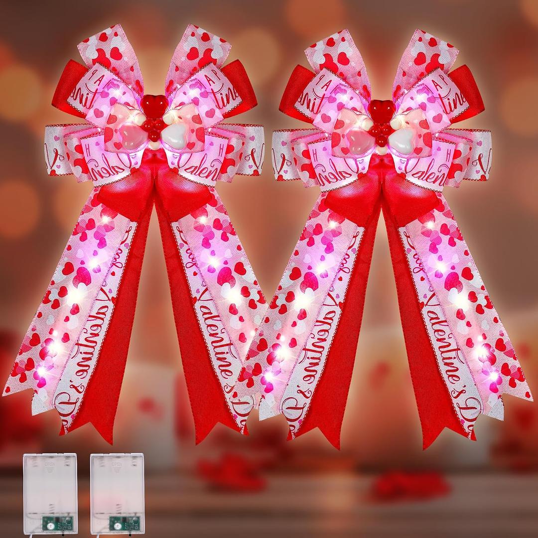 Liliful 2 Pcs Lighted Valentine's Day Bows, 20'' x 11'' Burlap Pink Red Valentines Tree Topper with Heart Decorations, Valentine's Day Wreath Bows for Front Door Porch Fireplace Fence Party Wall Decor