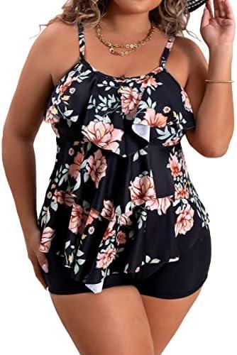 B2prity Women Plus Size Tankini Swimsuits Tummy Control Two Piece Bathing Suit Ruffled Flounce Swimwear with Shorts, XL