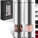 Electric Salt and Pepper Grinder Set - Battery Operated Stainless Steel Mill with Light (2 Mills) - Automatic One Handed Operation - Electronic Adjustable Shakers - Ceramic Grinders