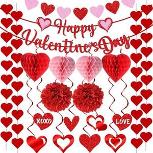 SIMVOTM Valentine's Day Decorations Kit with Happy Valentines Day Banner, Cutouts Swirls Garland, Honeycombs Tissue Poms for Valentine's Day Party Decorations Home Office Wedding Anniversary