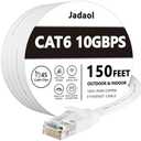 Jadaol Cat 6 Ethernet Cable 150ft (45.72m), Outdoor & Indoor, 10Gbps Support Cat 8 Cat 7 Network, Long Flat Internet Lan Patch Cord, Cat6 High Speed Weatherproof Cable for Router, Modem, Switch, White