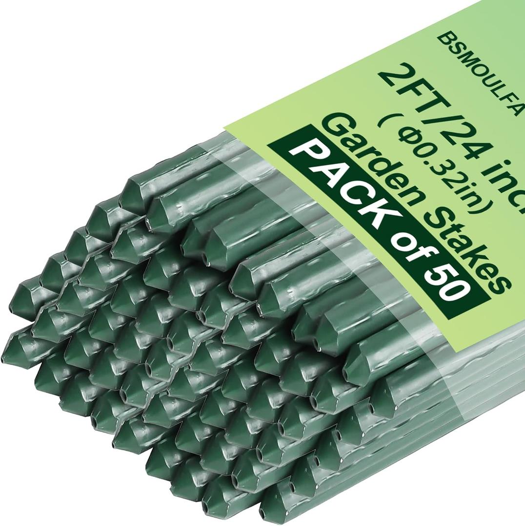 Garden Stakes 24 Inch, 2ft Metal Plant Stakes 50 Pack for Gardening and Farm, Plastic Coated Plant Support for Tomato, Cucumber, Bean, Flower, Potted More Climbing Plants