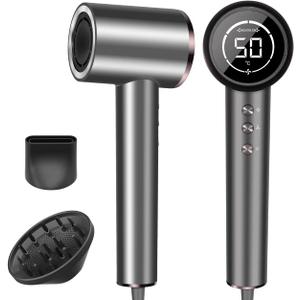 Hair Dryer, 150000RPM Professional High-Speed Negative Ionic Care Blow Dryer, Heat-Control, Fast Drying, Low Noise with Magnetic Diffuser and Nozzle, 4 Temps & 3 Speeds, HD Display Gray