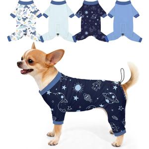 Bienbee Dog Pajamas, 4 Pack Dog Recovery Suit Shedding Suit Cute Soft Puppy Clothes Dogs Pjs Onesies Jammies Adjustable Breathable & Stretchy Clothes for Small Medium Large Dogs Girl Boy Puppy, XS (Dinosaurs,Planets,Blue,Light Gray)