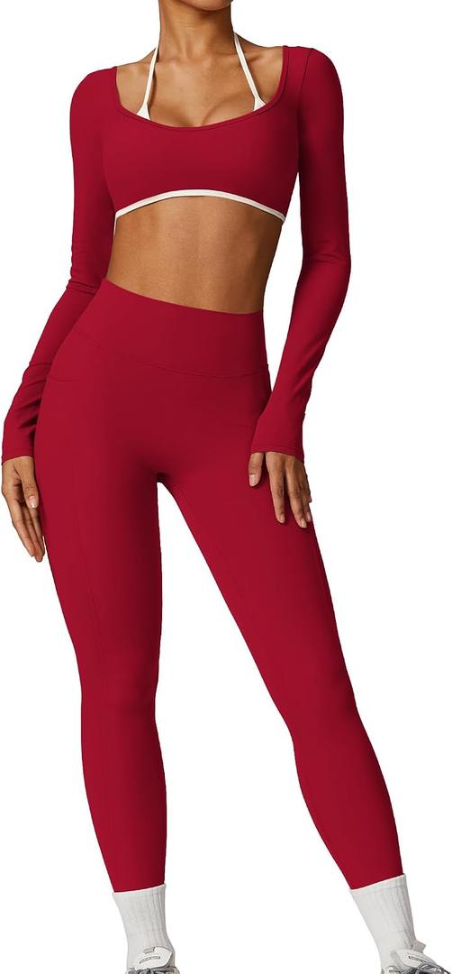ABOCIW Workout Sets for Women Halter Long Sleeve Crop Top V Nack Scrunch Butt High Waist Leggings with Pocket Cherry Red, Small