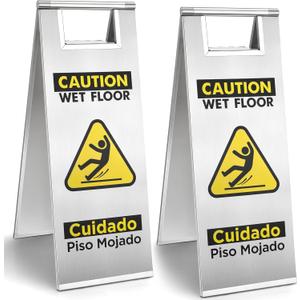 2 Pack Wet Floor Sign, 24 Inch Standard Stainless Steel Caution Wet Floor Sign, Double Sided Bilingual Caution Sign for Business, Hotel, Restaurant, Silver