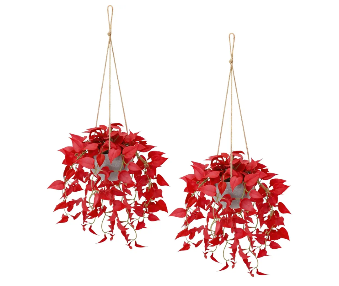 Christmas Hanging Plant, Fake Plants with Pots, 2 Pack Winter Artificial Plants, Faux Anthurium Leaf Basket for Wall Home Room Indoor Outdoor Decor