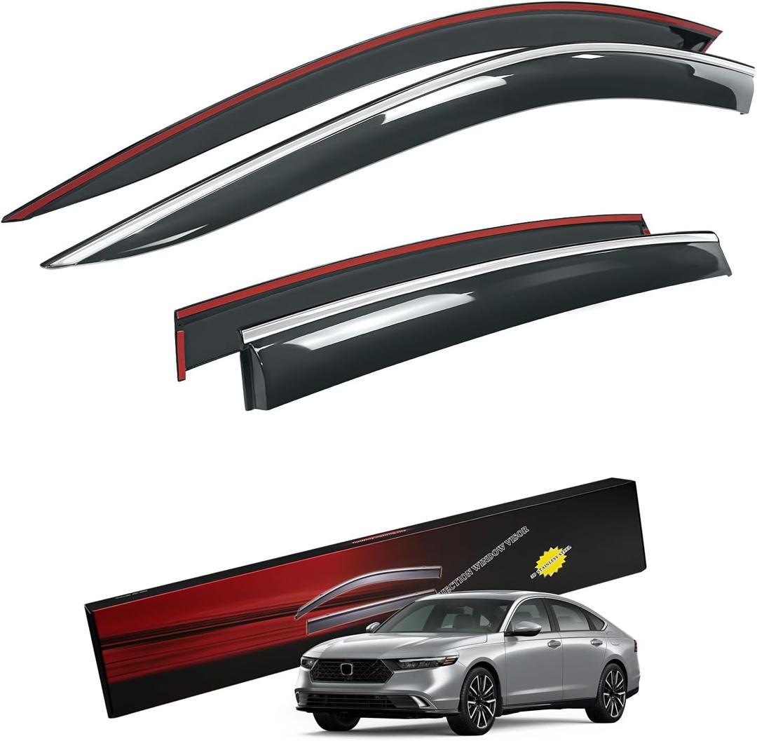 Sze Rain Guards for Honda Accord 2023-2026 LX EX-L Sport Touring Side Window Deflectors Anti-Rain Window Visors with Tape 304 Stainless Steel Trim All-Weather Protection Outside Channel-4pcs