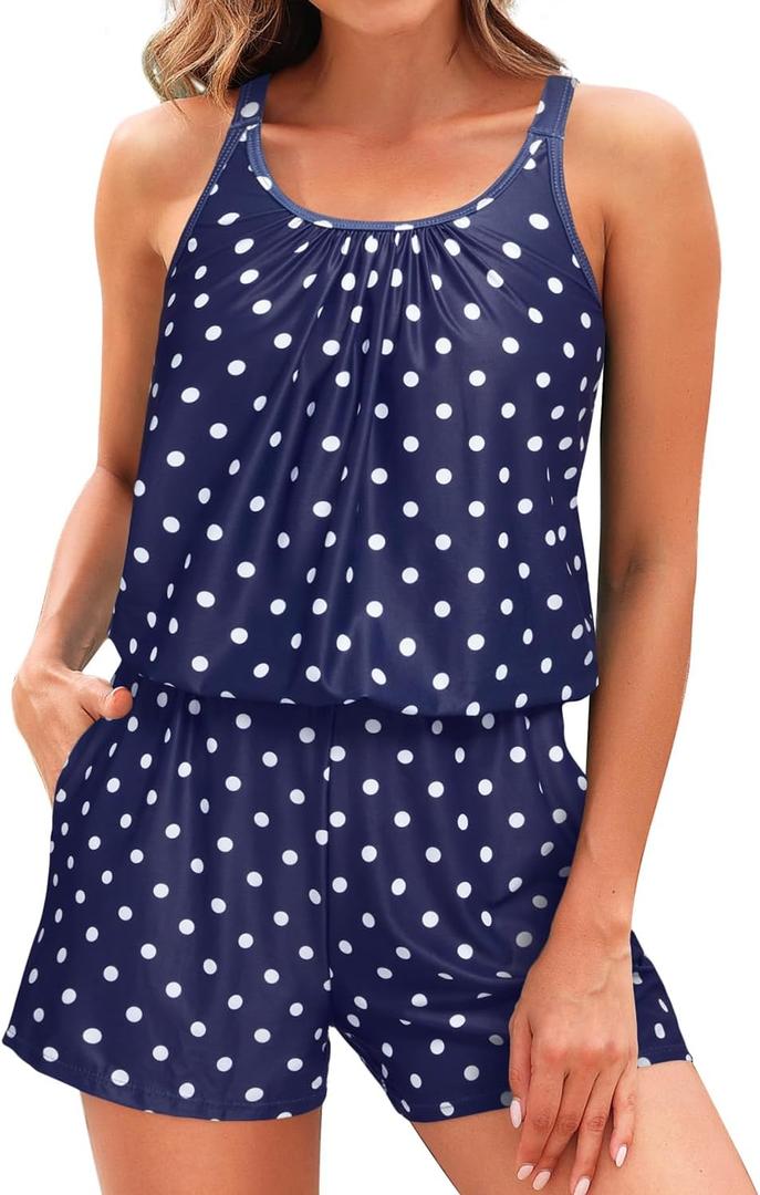 Tempt Me Romper One Piece Swimsuits with Short - Women Boyleg with Pockets Bathing Suit Modest Swimwear (18 Plus, Blue Dot)