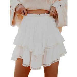 Aoudery Flowy Shorts for Women Casual Boho Ruffle Tiered Skorts High Waist Mini Skirts Golf Tennis Crochet Shorts (White, M)