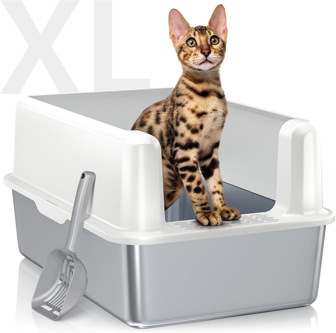 WoofiGo Stainless Steel Cat Litter Box with Lid, XL Metal Litter Box for Big Cats, Extra Large Litter Box with High Sides, Never Absorbs Odors, Non-Sticky, Easy Clean, Anti-Urine Leakage, with Scoop