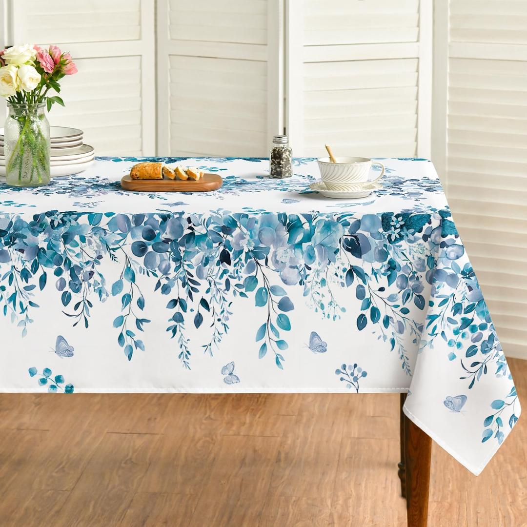 Horaldaily Spring Tablecloth 60120 Inch Rectangular, Eucalyptus Floral Blue Table Cover for Party Picnic Dinner Decor
