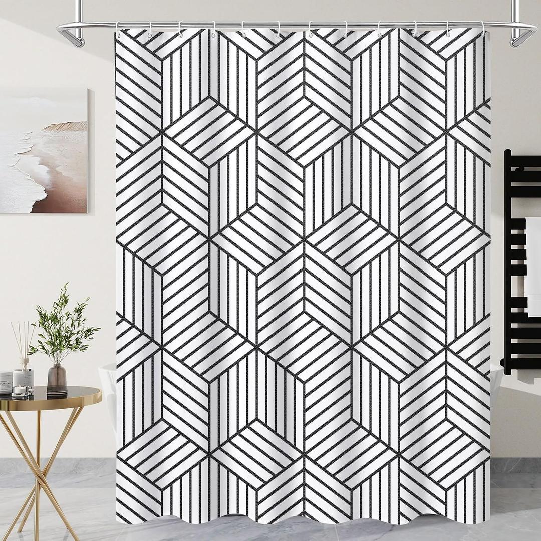 Litabel Long Shower Curtain 72 x 78, White and Black Striped Fabric Waterproof Bath Curtain, Modern Geometric Art Decor Minimalist Shower Curtain Set