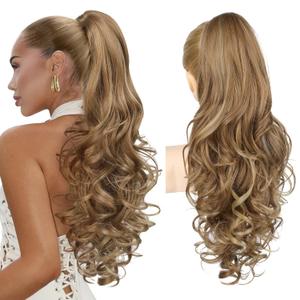 REECHO Ponytail Extension, 24" Claw Clip in Long Curly Wavy Ponytail Hair Extension Jaw Clip on Pony Tails Hairpiece for Women - Light Brown with Highlights