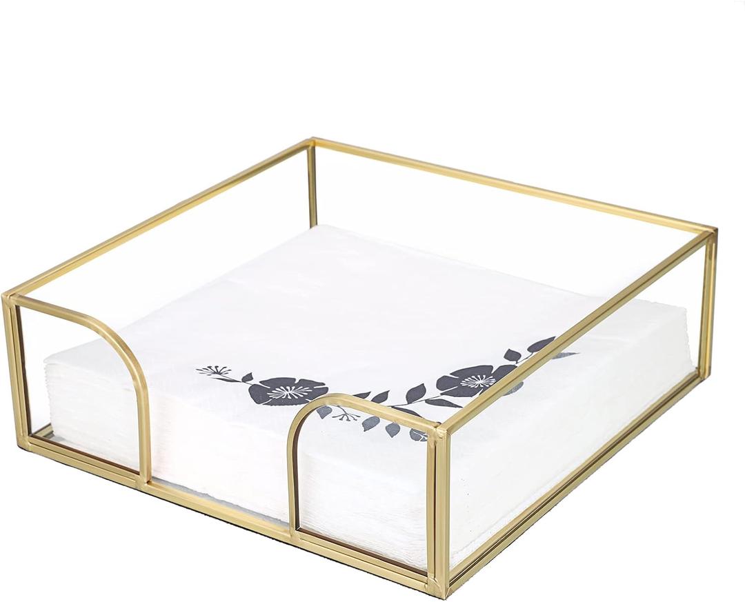 Sumnacon Square Glass Napkin Holder - Stylish Gold Luncheon Napkin Holders for Dining Table Countertop Kitchen, Decorative Napkin Basket for Picnic Wedding Party Restaurant Office Hotel