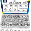 ZQZ 405 Pcs SAE Hex Nuts Assortment Kit, #2-56#4-40#6-32#8-32#10-24#10-32#12-24 1/4"-20 5/16"-18 3/8"-16 7/16"-14 1/2"-13, 304 Stainless Steel Hex Nuts Set