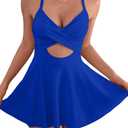 B2prity Women Cutout One Piece Skirt Swimsuit V Neck Wrap Tie Back Swimdress Tummy Control Bathing Suits (Medium, Royal Blue-1)