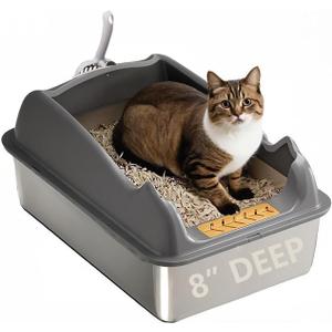 8" Deep Stainless Steel Litter Box with Lid, XL Litter Boxes for Big Cats, Metal High Sided Litter Box, Anti-Stick and Anti-Leak, Easy to Clean, Dark Gray