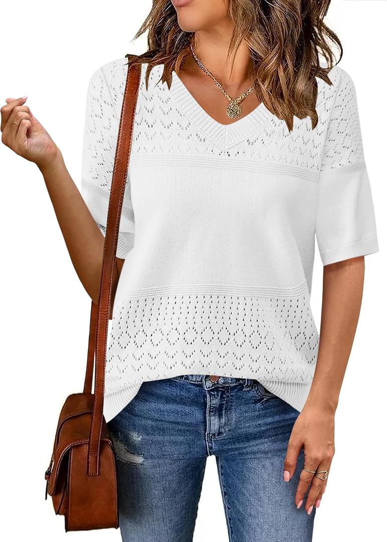 Zeagoo Womens Summer Sweater Casual Short Sleeve Pullover Tops V Neck Lightweight Shirts Ribbed Knit Dressy Blouse (Medium, White)