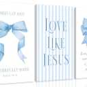 Blue Bow Jesus Canvas Wall Art Decor, Light Blue Coquette Dorm Room Wall Decor Paintings, Inspirational Bible Verses Posters Prints Pictures for Girls Dorm Room, Bedroom, Bathroom 12x16 Inch Framed (16Lx12W)
