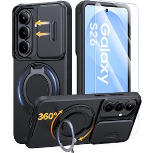 JAME for Samsung Galaxy S26 Case, Ring Holder Stand Kickstand, Slide Camera Cover with Screen Protector, Dual-Layer Shockproof Protective, Magnetic Accessory Friendly Galaxy S26 Phone Case, Black