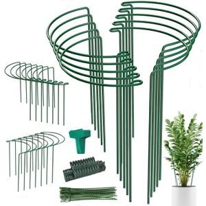 24 Pack Plant Support Stake, Half Round Metal Garden Plant Stake, Green Plant Support Ring, Border Support with Plant Lables & Plant Clips for Outdoor Indoor Plants, Vegetable, Flowers 16x10inch-24Pack
