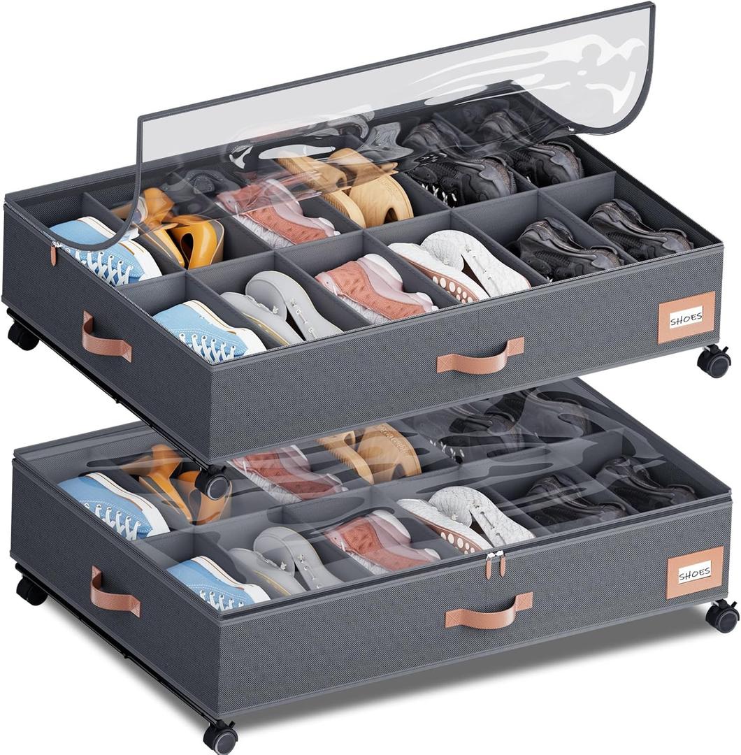 Under Bed Shoe Storage with Wheels, Set of 2, Fit 12 Pairs, Dorm Room Essentials, Shoe Organizer Under Bed Solution with Clear Window, Breathable, Shoe Organizer for Closet (black)