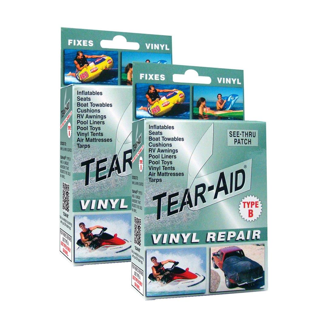 TEAR-AID Vinyl Repair Kit, Type B Clear Patch for Vinyl and Vinyl-Coated Materials, Works on Vinyl Tents, Awnings, Air Matresses, Pool Liners & More, Green Box, 2 Pack TEAR-AID Vinyl Repair Kit, Type B Clear Patch for Vinyl and Vinyl-Coated Materials, Works on Vinyl Tents, Awnings, Air Matresses, Pool Liners & More, Green Box, 2 Pack