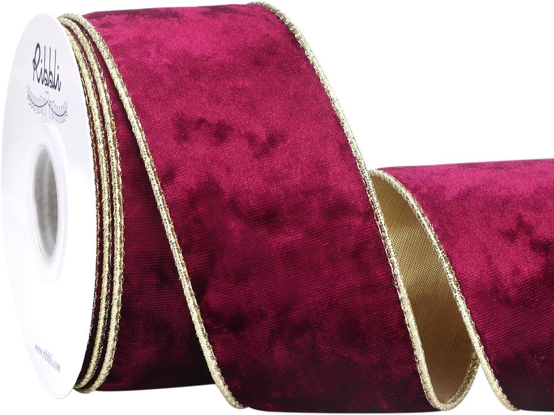 Ribbli Burgundy Velvet Wired Ribbon 2.5 Inch Metallic Burgundy Red Gold Crushed Velvet Christmas Ribbon for Gift Wrapping Christmas Tree Decoration Crafts Wreaths Supplies-Continuous 10 Yards
