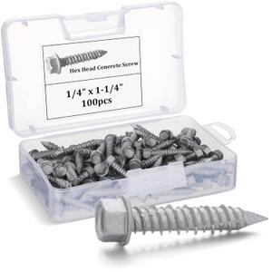 Tandefio 100 Pcs 1/4" x 1-1/4" 410 Stainless Steel Hex Concrete Anchor Screws Diamond Point Salt Fog Zinc Plated Silver Heavy Duty Anchors for Masonry Block Brick