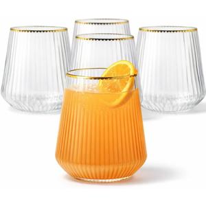 Oojami 18 Count Origami Ripple Stemless Plastic Wine Glasses, 12 oz Disposable Unbreakable BPA-Free Cups, Gold Rim  Elegant Ribbed Design for Wine, Champagne, Whiskey, Cocktails, Parties & Events