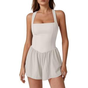 QINSEN Women's Square Neck Sleeveless Romper Jumpsuit Casual Summer One Piece Outfit with Pocket, L