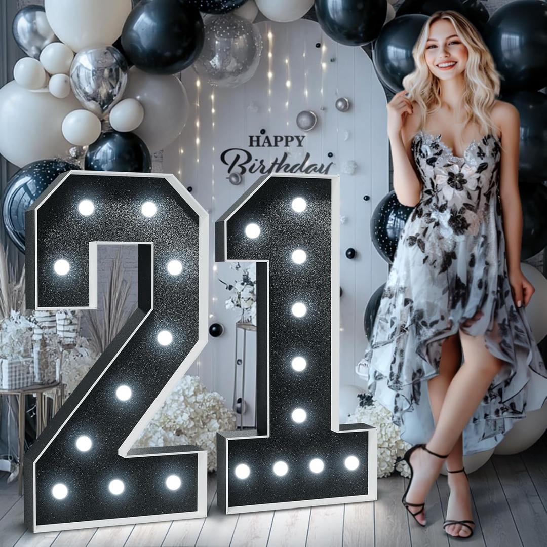 Black Marquee Numbers 4 Feet Tall: Large 21st Birthday Decorations for Her Him 4FT Light Up Numbers White Anniversary Party Decor Big Backdrop Foam Cardboard Number 21
