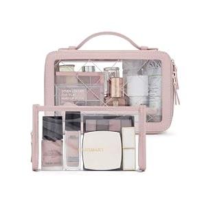 BAGSMART TSA Approved Toiletry Bag, Clear Makeup Bag Travel Toiletry Bag, 2-Piece Set Quart Size Waterproof PVC Leather Cosmetic Bags, Make Up Organizers Gift for Women Car Accessories, Nude Pink