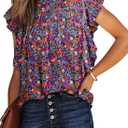 Dokotoo Womens Summer Tops Casual Crewneck Floral Print Shirts Smocked Ruffle Short Sleeve Babydoll Blouses