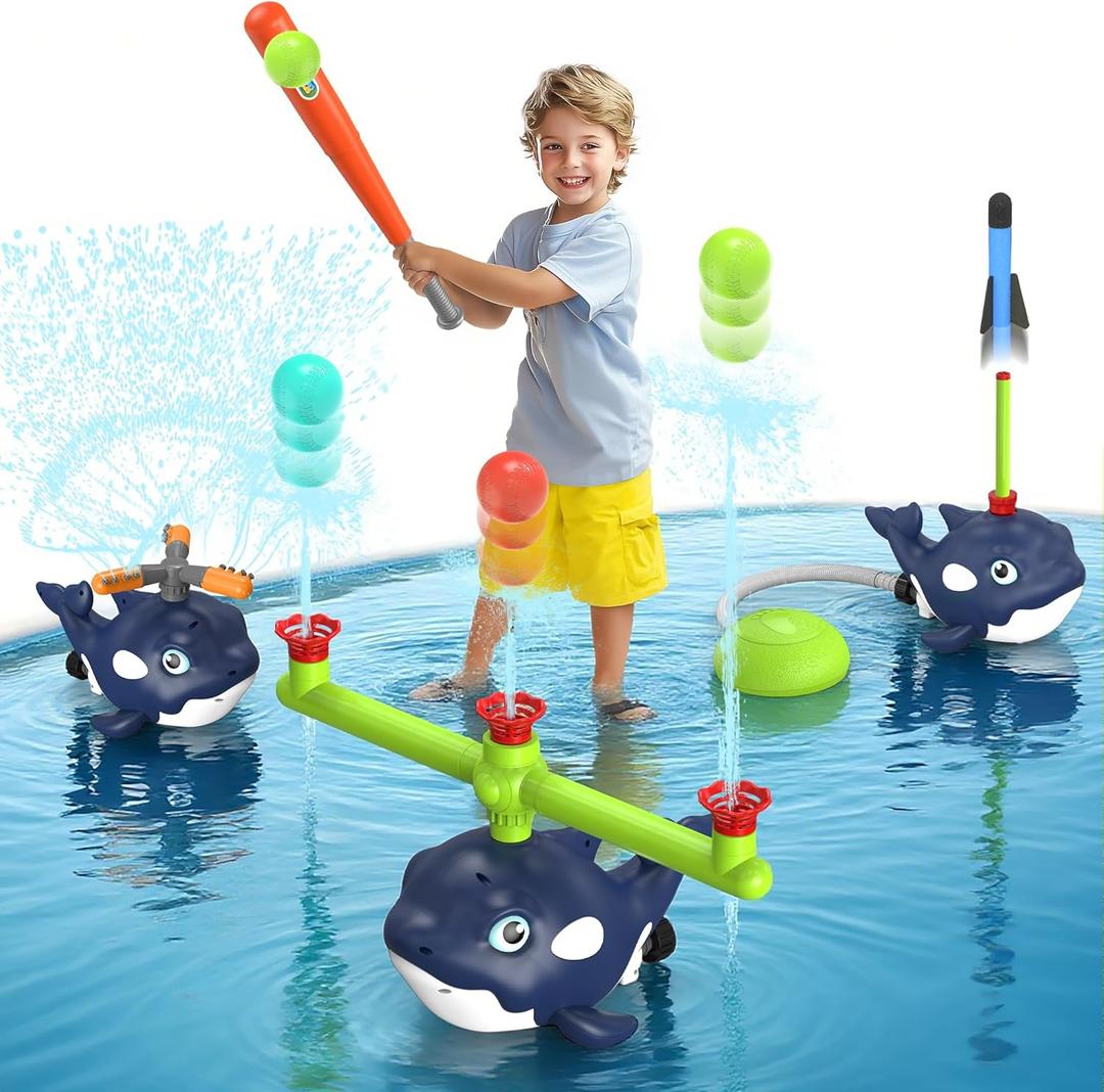 4-in-1 Whale Water Sprinkler Baseball Set for Kid,Summer Water Toy with 3 Jets, 4 Balls and Rocket Launch Game, Kids Sprinklers with 360 Rotating Sprinkler,Outdoor Water Toys for Kids Age 3+ Years