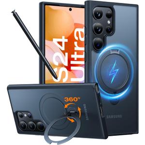 TORRAS 360Spin Magnetic Stand for Samsung Galaxy S24 Ultra Case, Compatible with Magsafe, Military Grade Shockproof Slim Protective S24 Ultra Case with Kickstand & Ring Holder, Ostand Spin, Black