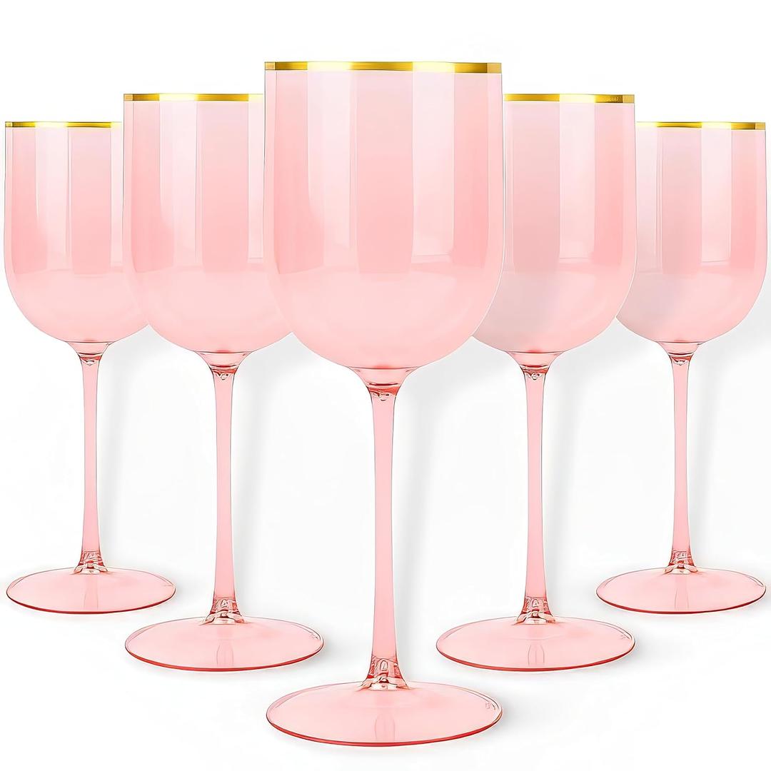 Blue Sky Pink Plastic Wine Glasses With Gold Rim - 12oz (5-Pack) Reusable, Disposable Cups for Parties and Events