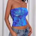 PRETTYGARDEN Going Out Tops for Women 2025 Summer Mesh Floral Y2K Bandeau Cute Crop Strapless Tube Top Trendy Outfits (Blue, L)