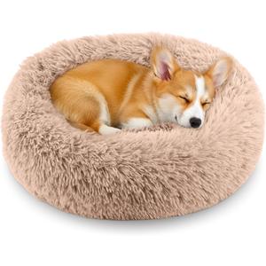 Calming Anti-Anxiety Donuts Dog And Cat Bed, Round Fluffy Soft Washable Small Medium Pet Bed For Puppy & Kitten, Cuddler Warming Comfortable Cushion, Luxury Anti-Slip Waterproof Mute Base 20in (Camel)