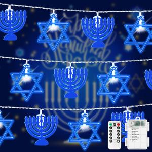 Hanukkah Decorations Blue String Lights, 20LED Menorah&Star of David Hanukkah Fairy Lights Timer for Jews Jewish Judaism Decor Passover/Rosh Hashana/Shabbat/Hashanah