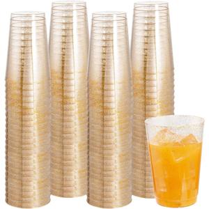 I00000 100 Pack 12 oz Gold Glitter Cups - Gold Plastic Wine Glasses & Cocktail Glasses - Heavy Duty, 12 Ounce Plastic Tumblers For Party