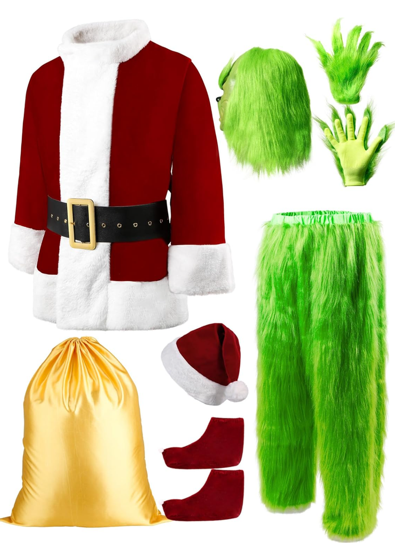 Christmas Green Santa Costume Adult Deluxe Furry Santa Costumes Halloween Cosplay Outfit for Men Medium 