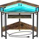 Rolanstar Corner Desk, 44.5" W x 34.5" H Small Computer Desk with Power Outlets, Gaming Desk with LED Lights, Triangle Corner Desk with Keyboard Tray & Monitor Stand for Small Space, Rustic Brown