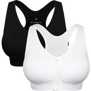 Women's Zip Front Sports Bra Wireless Post-Surgery Bra Active Yoga Sports Bras, Size: Medium