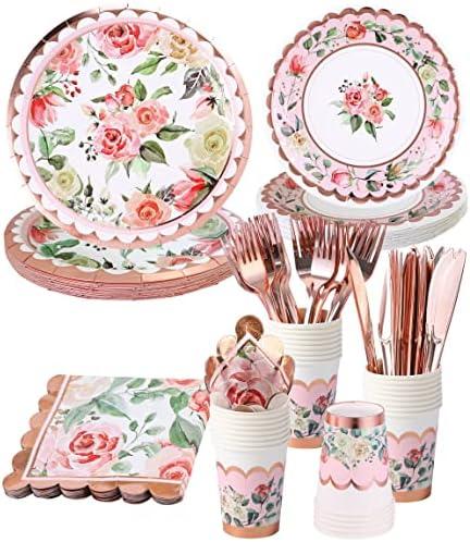 Vintage Floral Party Supplies Rose Gold for Mother's Day - Serves 16 - Includes Flower Paper Plates Cups Napkins Knifes Forks for Baby Shower Bridal Shower Wedding Birthday Decorations Tea Party